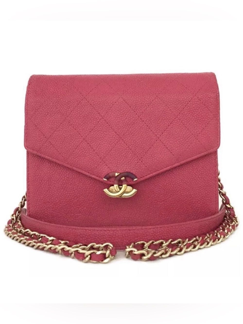 Auth Chanel CC Logo Cuba Flap Caviar Skin Wallet On Chain WOC Shoulder Bag Pink